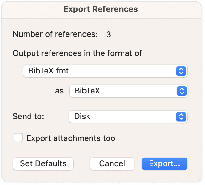 Bookends export references dialog